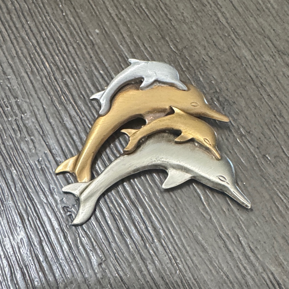 Vintage Triple Dolphin Pin Brooch - Gold & Silver Tone